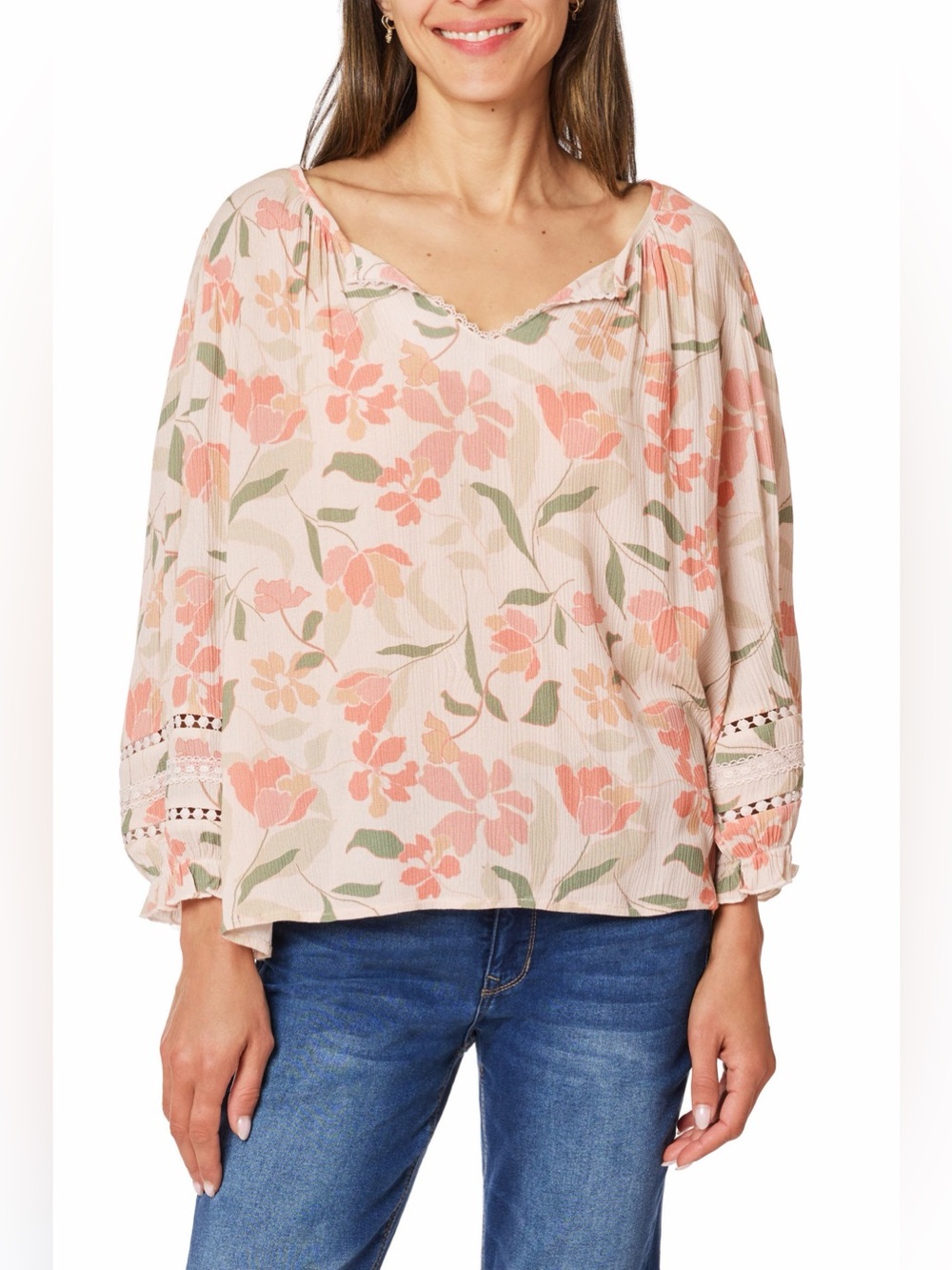 Angels Forever Young Anna Crinkle Long Sleeve Floral Blouse Size Medium